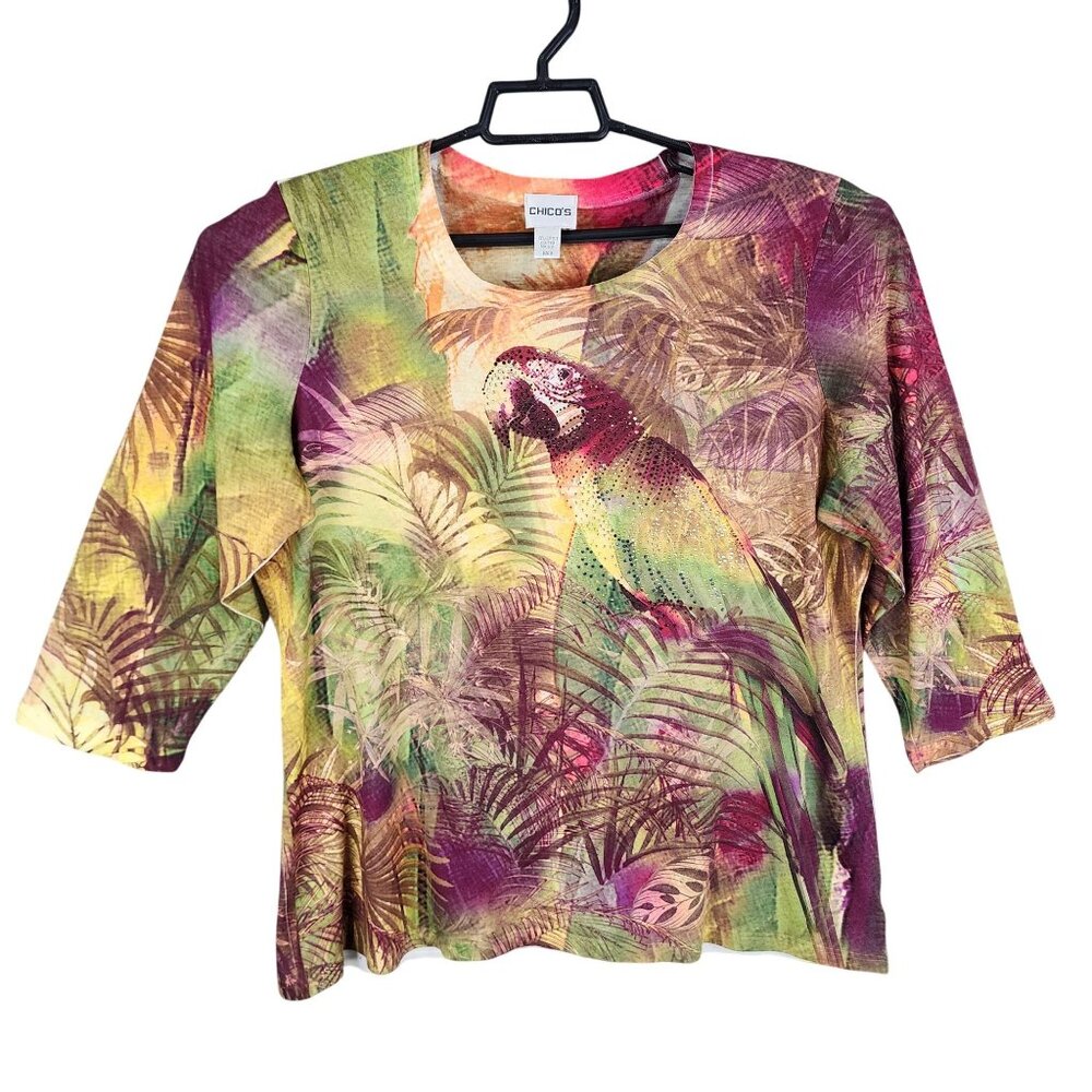 Womens Multicolor Chicos Tropical Top Blouse Parrot Print 3/4 Sleeve Size 3